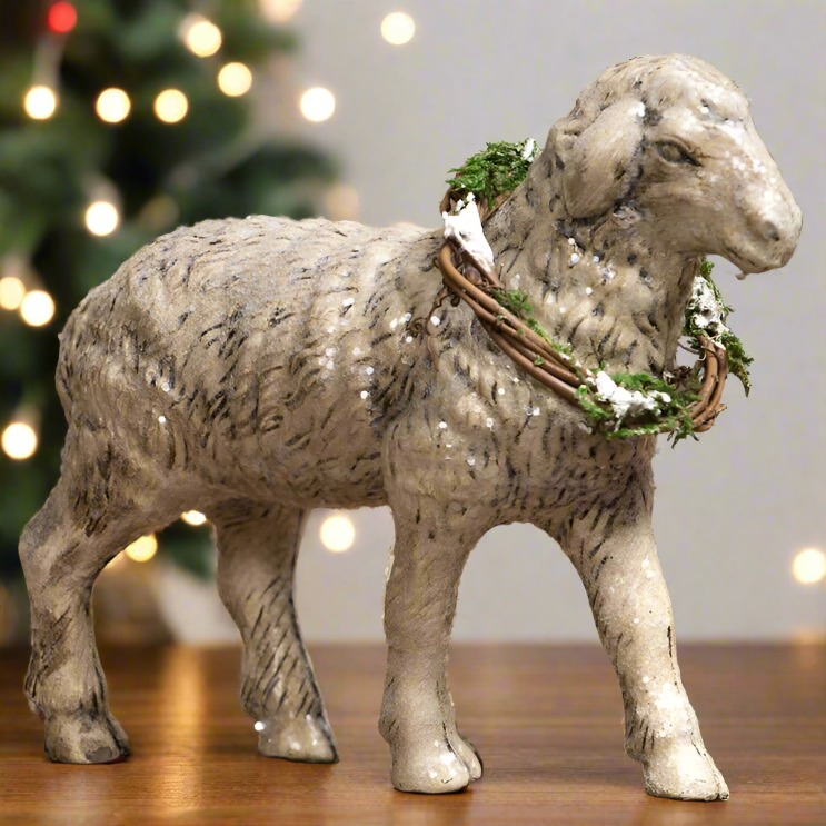 Christmas 5.25" STANDING SHEEP W/ WREATH 5.25" Vintage/Retro Look Ragon House - The Primitive Pineapple Collection