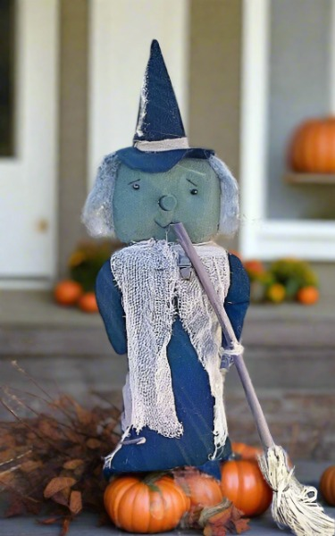 Primitive Country Halloween Sarah Witch Stump Doll w/ Broom 18&quot; - The Primitive Pineapple Collection