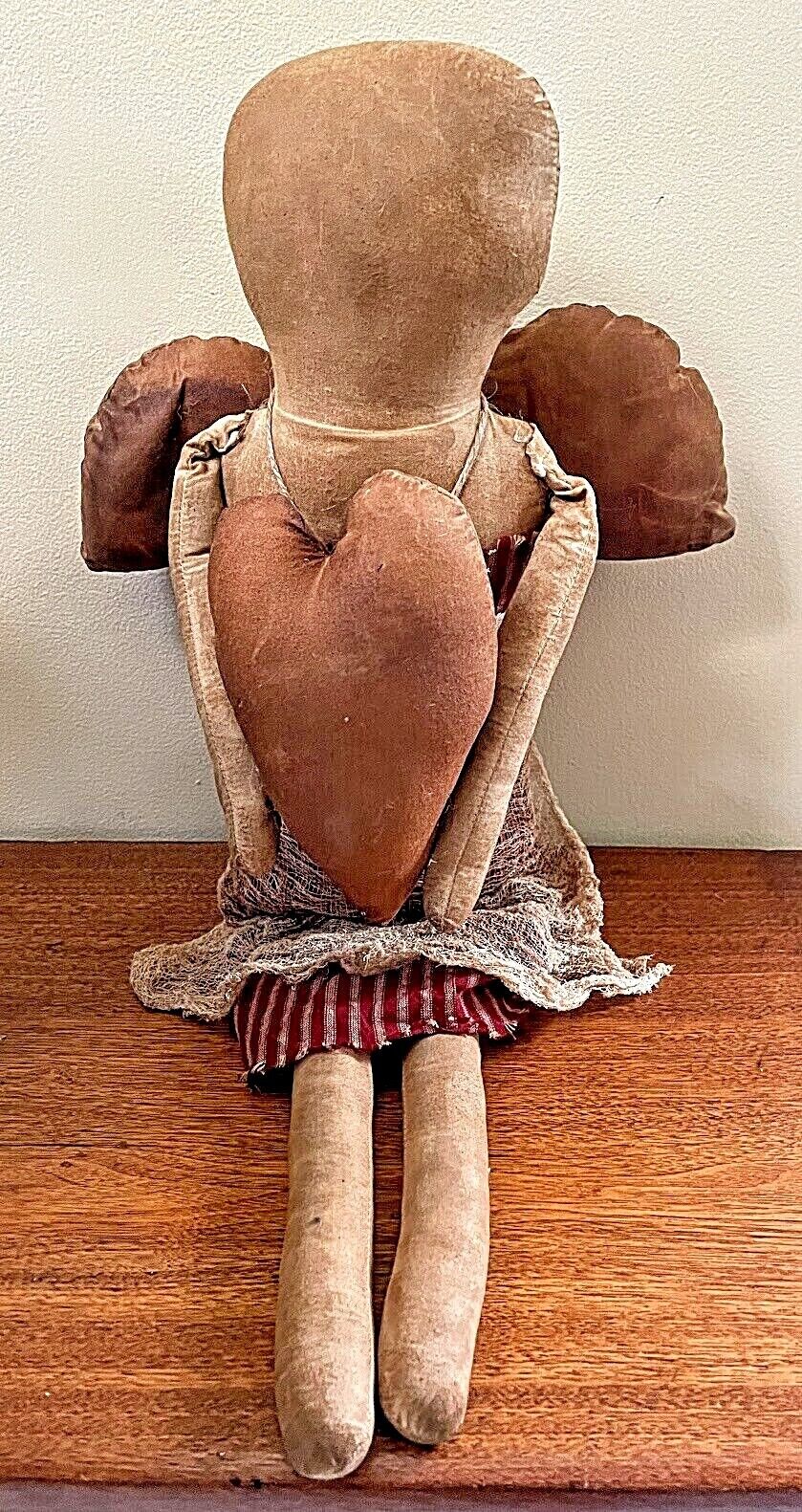 Primitive Handcrafted Folk Art 24&quot; Colonial Angel Doll w/ Heart - The Primitive Pineapple Collection