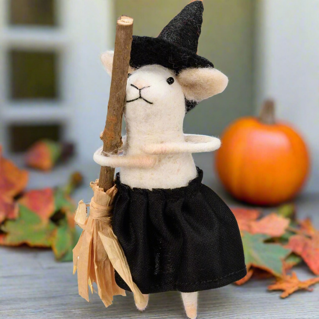 Primitive Halloween Felt Mouse Witch w/ Broom Mouse ornament - The Primitive Pineapple Collection