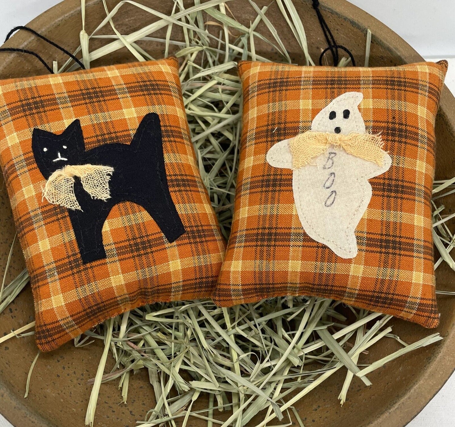 Primitive Handcrafted Halloween 2pc Pillow Bowl Filler Plaid Cat