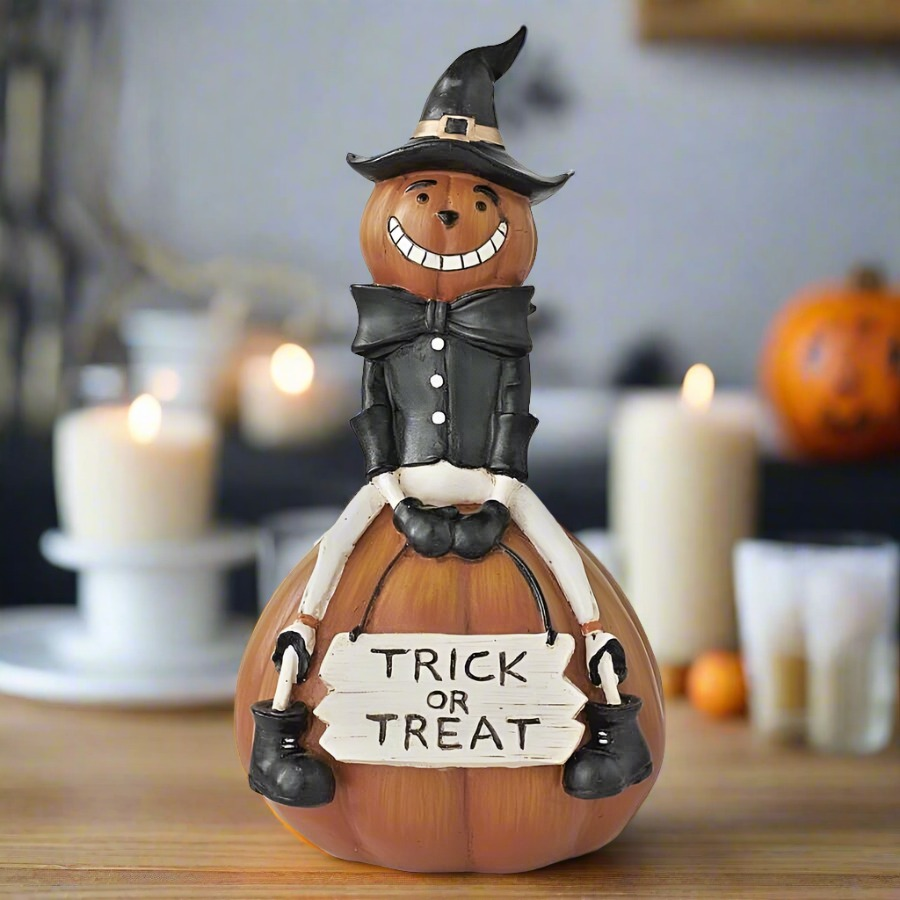 Halloween Folk Art Retro look 9&quot; Trick or Treat Pumpkin Man on Pumpkin Figurine - The Primitive Pineapple Collection