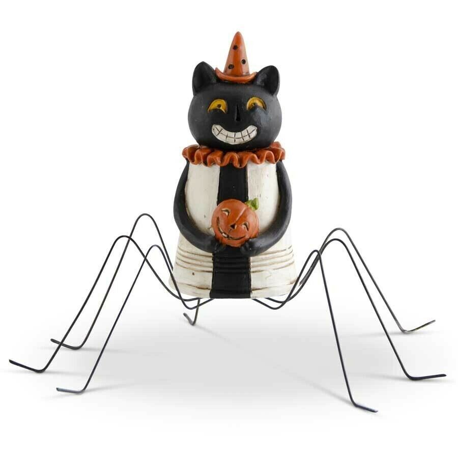 Folk Art Halloween Spider Black Cat w/Metal Legs Figurine 4.5&quot; Pumpkin - The Primitive Pineapple Collection