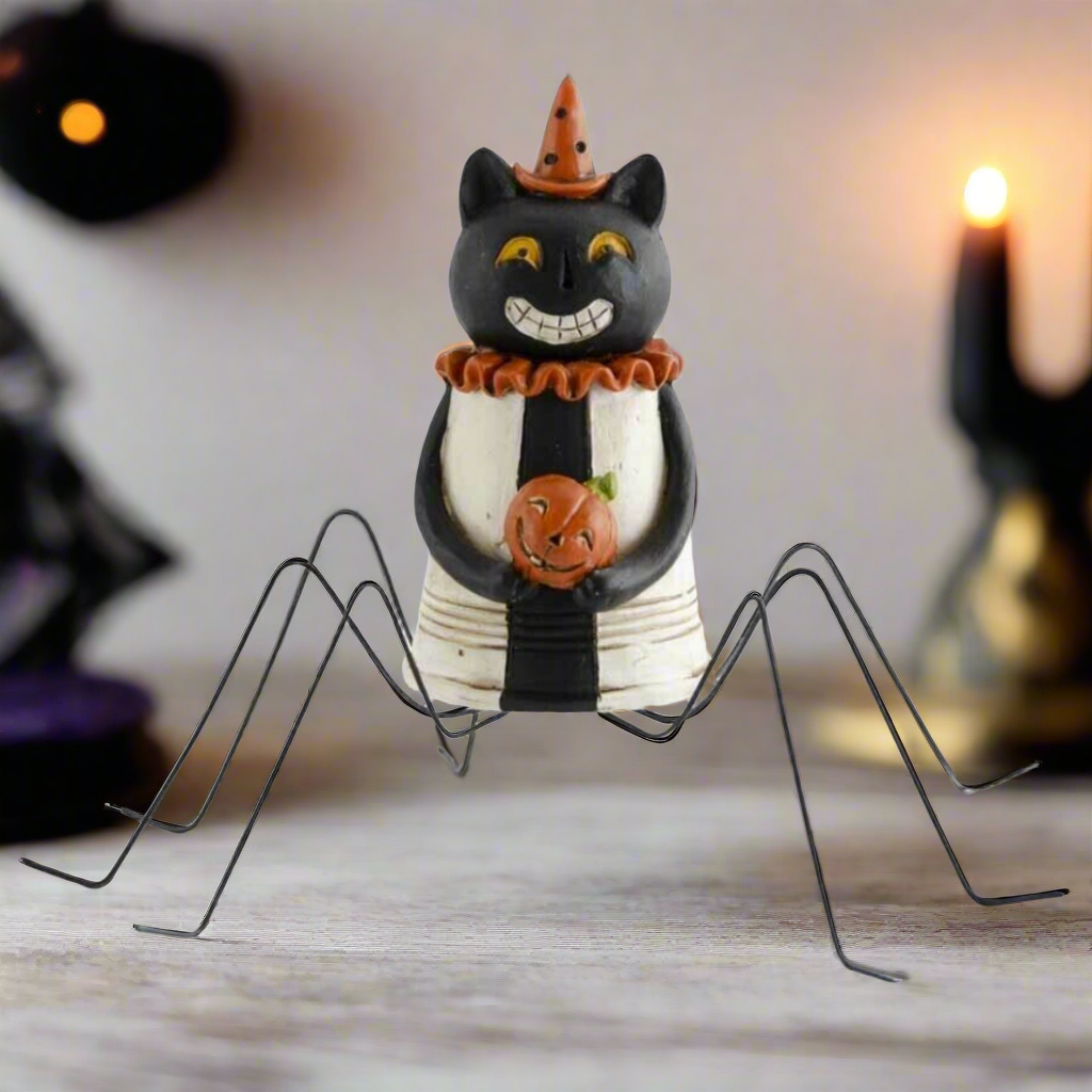 Folk Art Halloween Spider Black Cat w/Metal Legs Figurine 4.5" Pumpkin - The Primitive Pineapple Collection