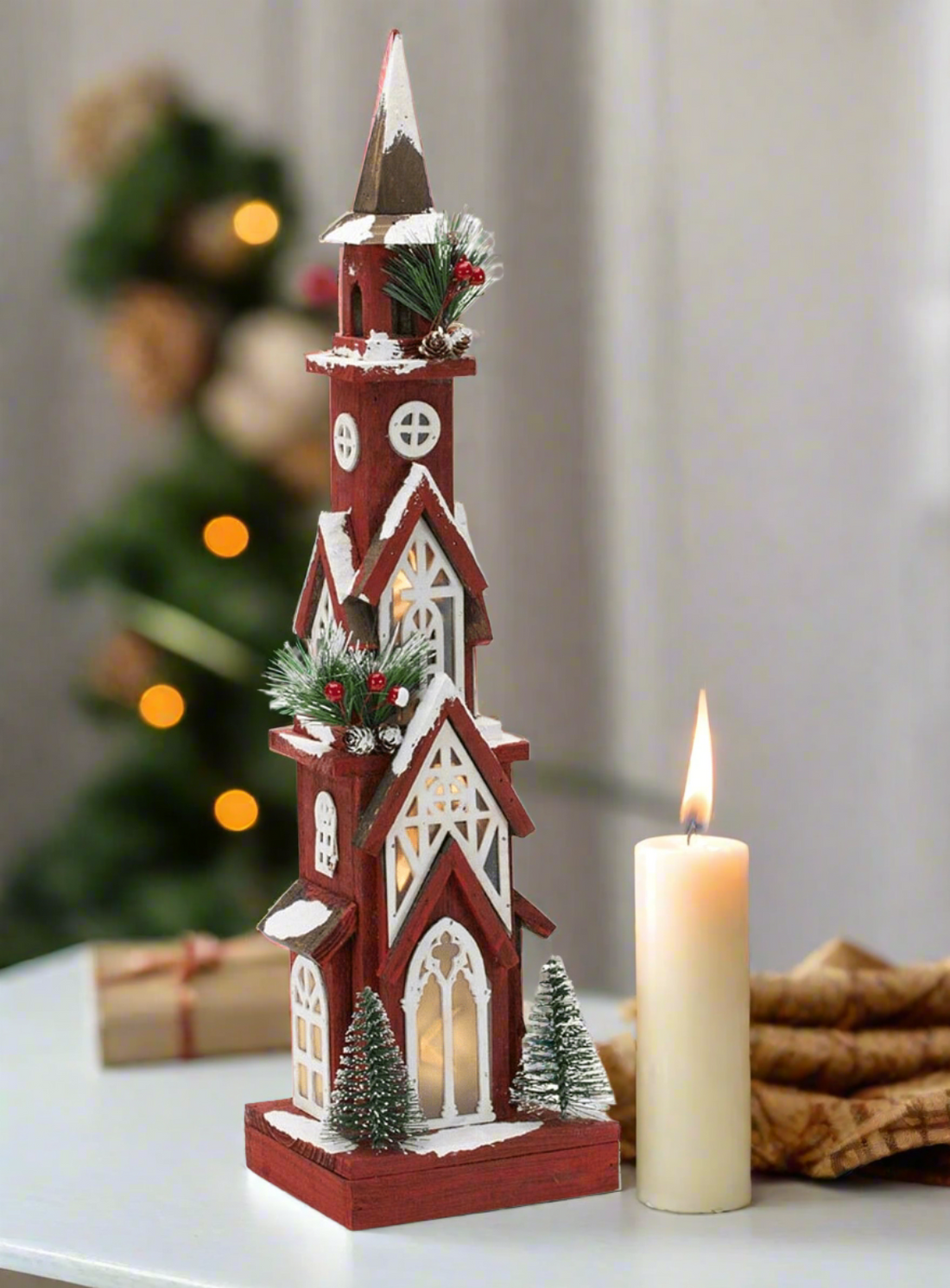 Christmas 24" Red Wood Church Lights up Battery Timer Bottle Brush Trees - The Primitive Pineapple Collection