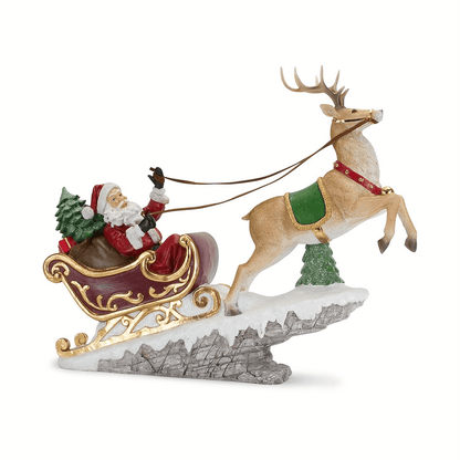 Christmas Santa in Sleigh w/ Flying Reindeer 21.5&quot;L X 18&quot;H Figurine - The Primitive Pineapple Collection