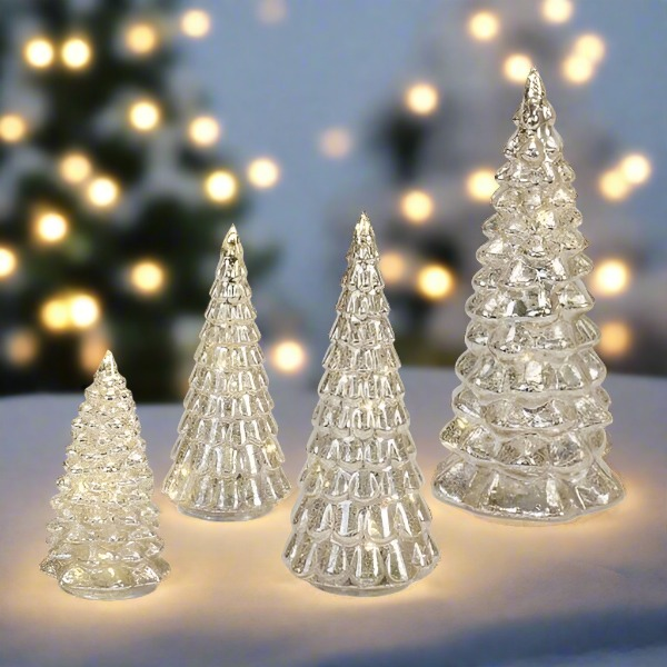 Vintage Look Christmas Silver LED Trees 4pc Battery Timer Holiday Tabletop Decor - The Primitive Pineapple Collection