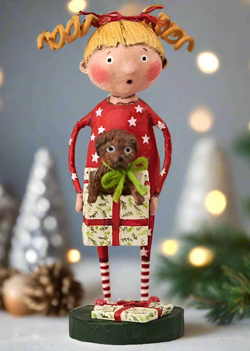 Folk Art Christmas Pup and Girl w/ Gift Figurine Lori Mitchell 14464 - The Primitive Pineapple Collection