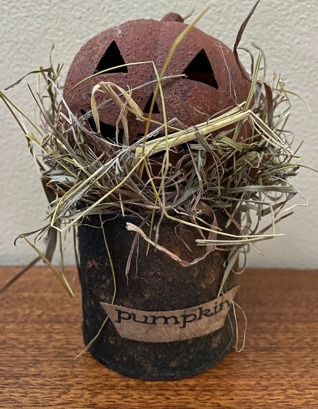 Primitive Handcrafted Jack O Lantern w/ Prim Grass in Crock/Tin - The Primitive Pineapple Collection