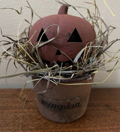 Primitive Handcrafted Jack O Lantern w/ Prim Grass in Crock/Tin - The Primitive Pineapple Collection