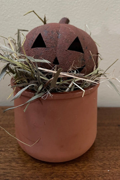 Primitive Handcrafted Jack O Lantern w/ Prim Grass in Crock/Tin - The Primitive Pineapple Collection