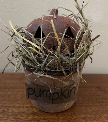 Primitive Handcrafted Jack O Lantern w/ Prim Grass in Crock/Tin - The Primitive Pineapple Collection