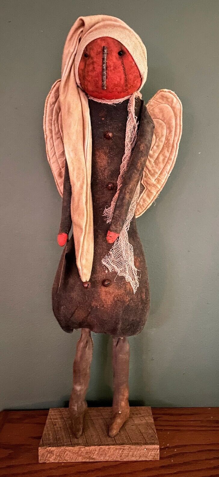 Primitive Fall Handcrafted 20&quot; Pumpkin Angel w/ Wings on Stand - The Primitive Pineapple Collection