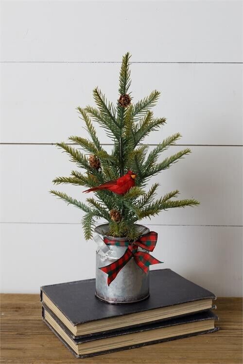 Primitive/Country Christmas Tabletop Evergreen Tree in Milk Can/Cardinal Bird - The Primitive Pineapple Collection