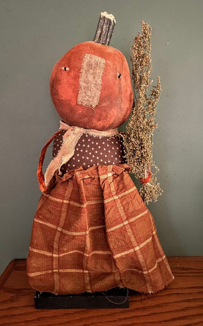 Primitive Folk Art Halloween 17&quot; Orange Clara Pumpkin Girl on stand Sweet Annie - The Primitive Pineapple Collection
