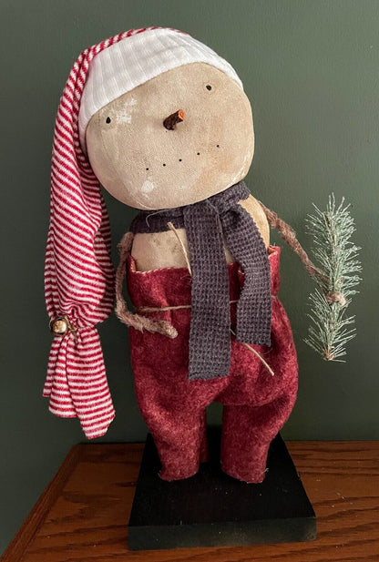 Primitive Folk Art Christmas Farmhouse Sal Snowman on Stand 16&quot; Stocking Cap - The Primitive Pineapple Collection