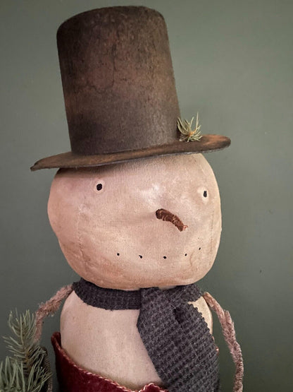 Primitive Folk Art Christmas Farmhouse Freddy Snowman on Stand 17&quot;Top Hat - The Primitive Pineapple Collection