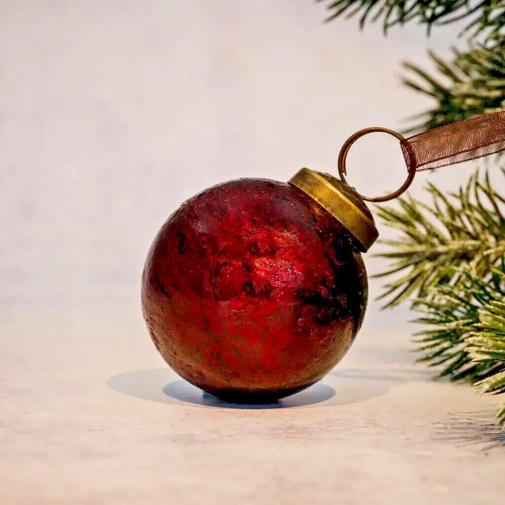 Christmas Handmade 2&quot; Medium Antique Foil Glass Christmas Ball Bauble - The Primitive Pineapple Collection