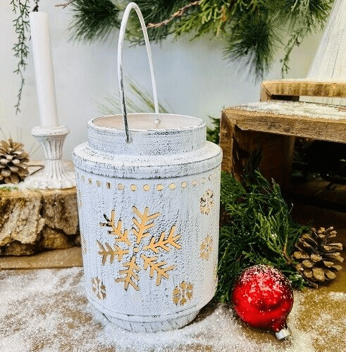 Primitive Christmas White Washed Metal Snowflake Cut Out Lantern 5&quot; x 8&quot; - The Primitive Pineapple Collection