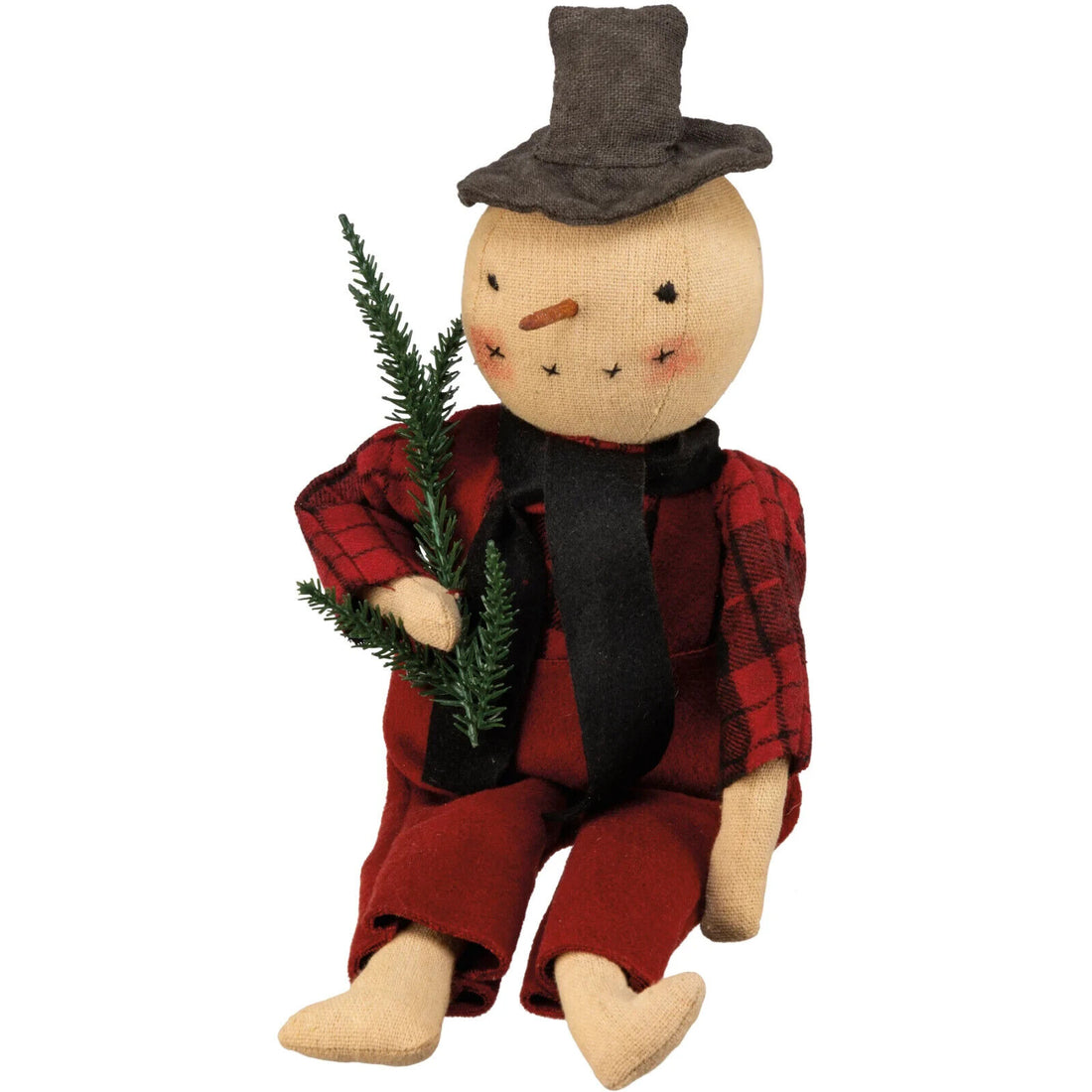 Primitive Snowman Doll 13.5 Black/Red Flannel Christmas/Holiday - The Primitive Pineapple Collection