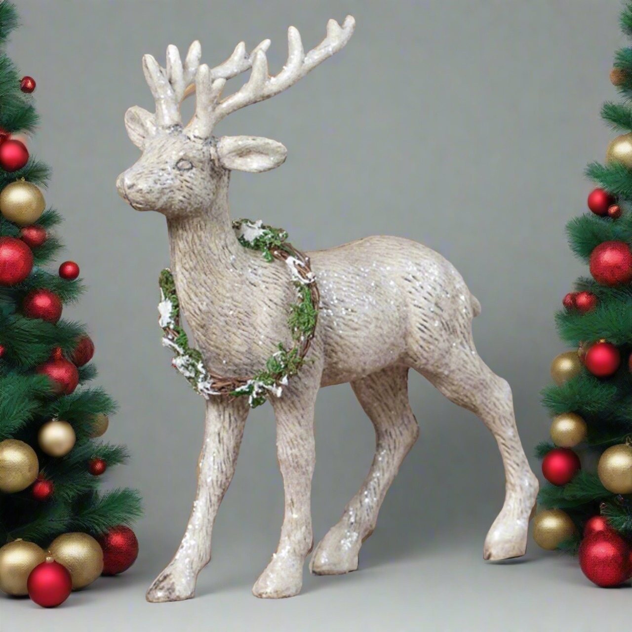 Ragon House Christmas 13&quot; Standing Deer with Wreath Vintage/Retro Look - The Primitive Pineapple Collection