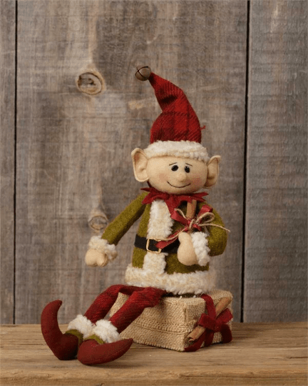Elf Sitting on Gift Santa Claus Suit Hat Doll Christmas Present Primitive - The Primitive Pineapple Collection