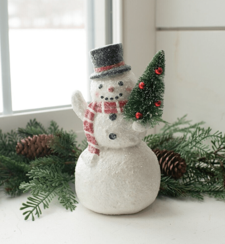 Primitive Christmas 7.75&quot; Primitive Top Hat Snowman w/ Bottle Brush Tree - The Primitive Pineapple Collection