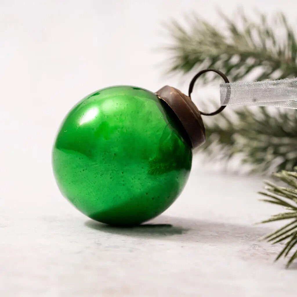 Christmas Handcrafted 2&quot; Pearlescent Emerald Glass Ball Ornament - The Primitive Pineapple Collection