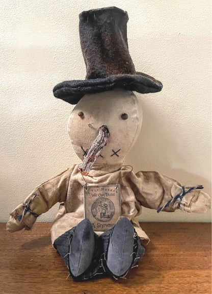Primitive Christmas Handmade Snowman Boy Black Top Hat Rag Doll 17 &quot; - The Primitive Pineapple Collection