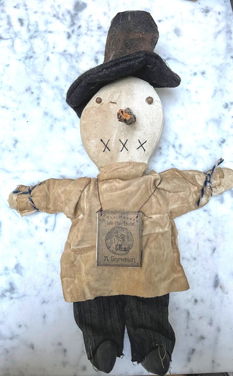 Primitive Christmas Handmade Snowman Boy Black Top Hat Rag Doll 17 &quot; - The Primitive Pineapple Collection