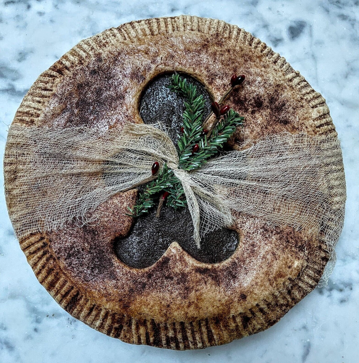 Primitive Holiday Faux Molasses Pie with Gingerbread Cut out 10” Scented - The Primitive Pineapple Collection