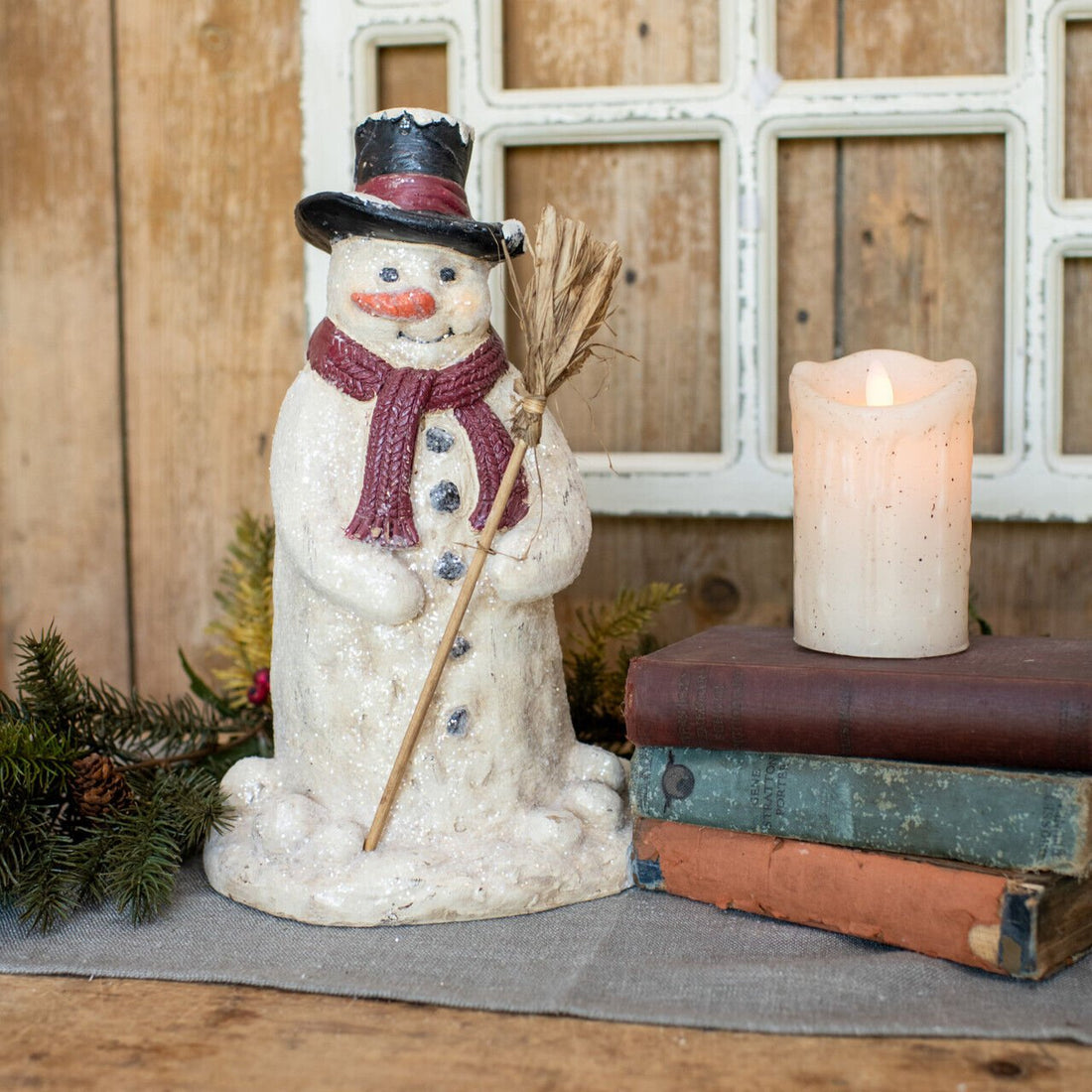 Christmas Ragon House 13&quot; Snowman Top Hat Broom Figurine - The Primitive Pineapple Collection