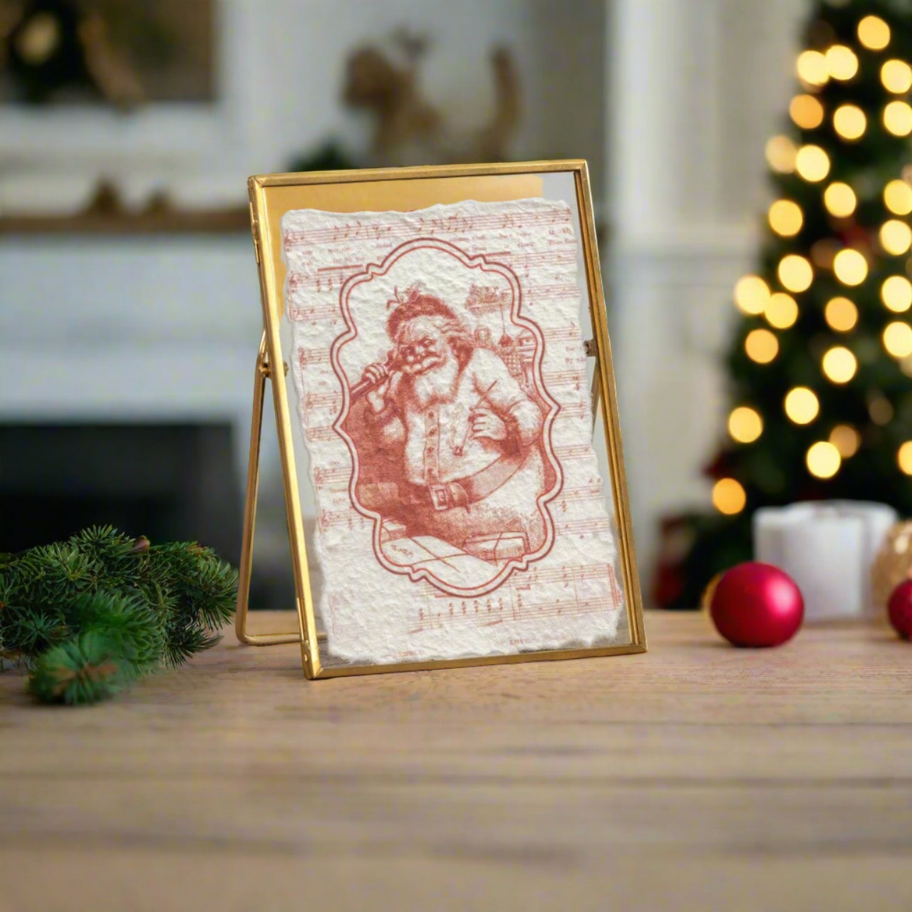 Vintage Look Christmas Metal Frame with Retro Santa 7.25&quot; - The Primitive Pineapple Collection