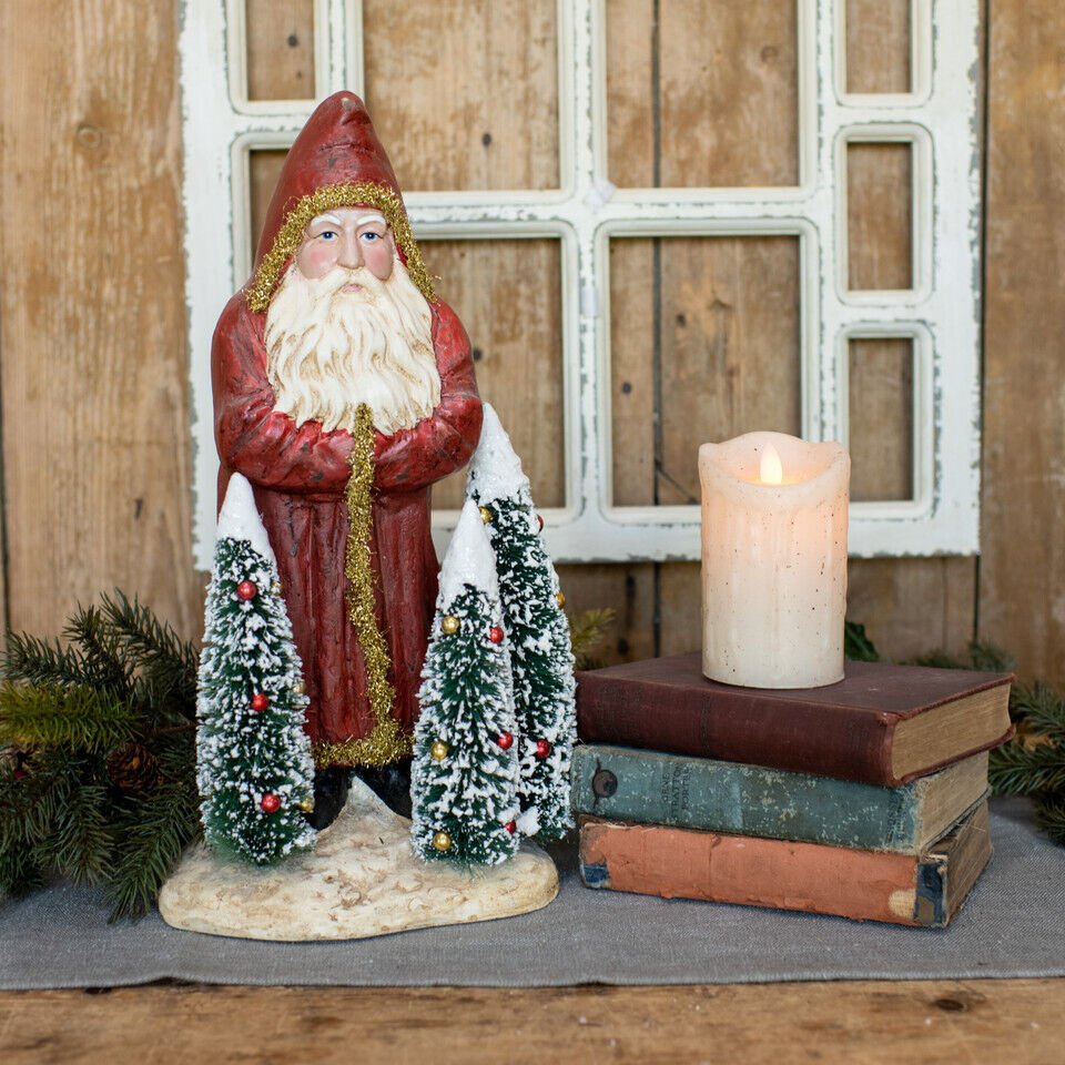 Ragon House 16" Red Belsnickle Santa w/Tinsel and Bottle Brush Christmas Trees - The Primitive Pineapple Collection