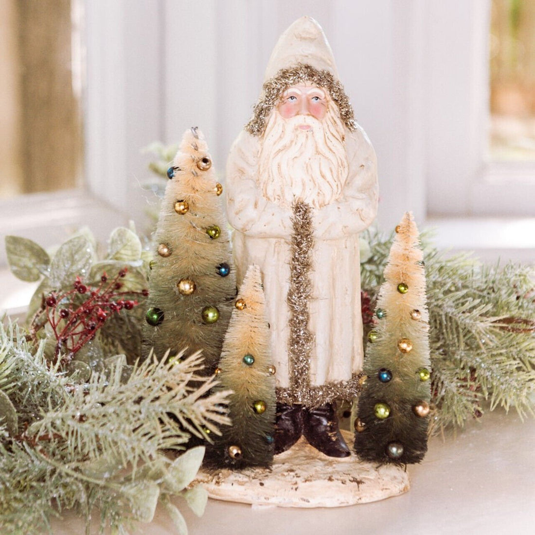 Ragon House 10" White Belsnickle Santa w/Tinsel and Bottle Brush Christmas Trees - The Primitive Pineapple Collection