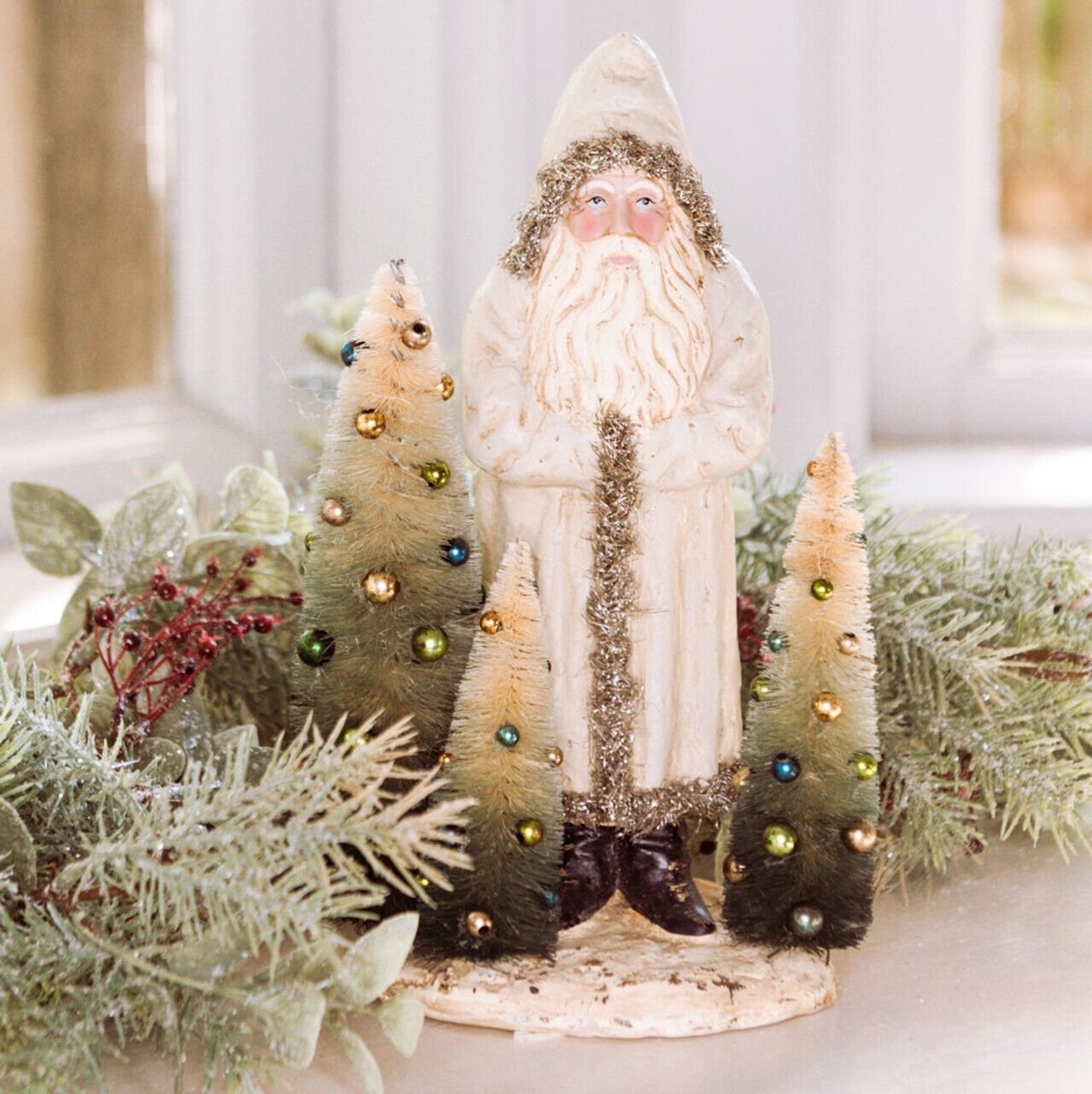 Ragon House 10&quot; White Belsnickle Santa w/Tinsel and Bottle Brush Christmas Trees - The Primitive Pineapple Collection