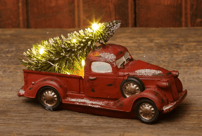 Primitive Country Christmas Light up Red Truck w/ Bottle Brush Tree 5.5&quot; - The Primitive Pineapple Collection