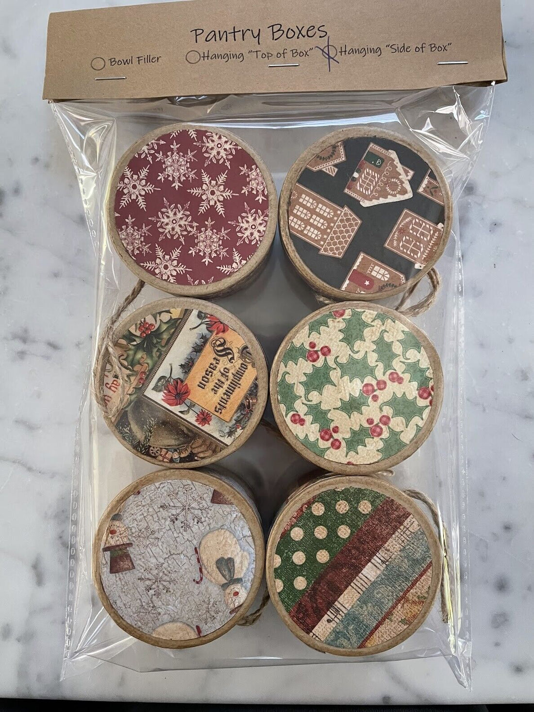 Primitive Folk Art Holiday 3&quot; Christmas Pantry Box Ornaments 6pc set - The Primitive Pineapple Collection