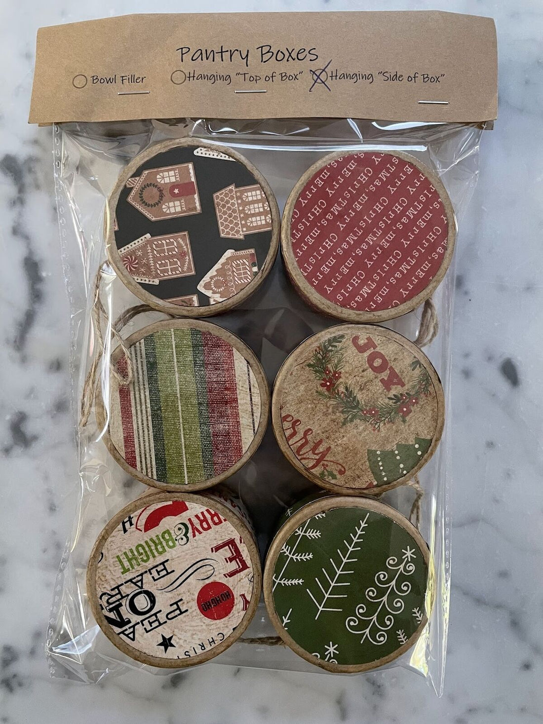Primitive Folk art 3" Christmas Pantry  Box Ornaments 6pc set