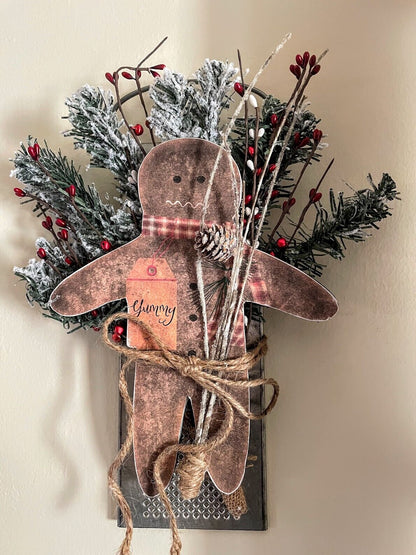 Primitive Christmas Gingerbread w/ Greens on Vintage Look Grater - The Primitive Pineapple Collection