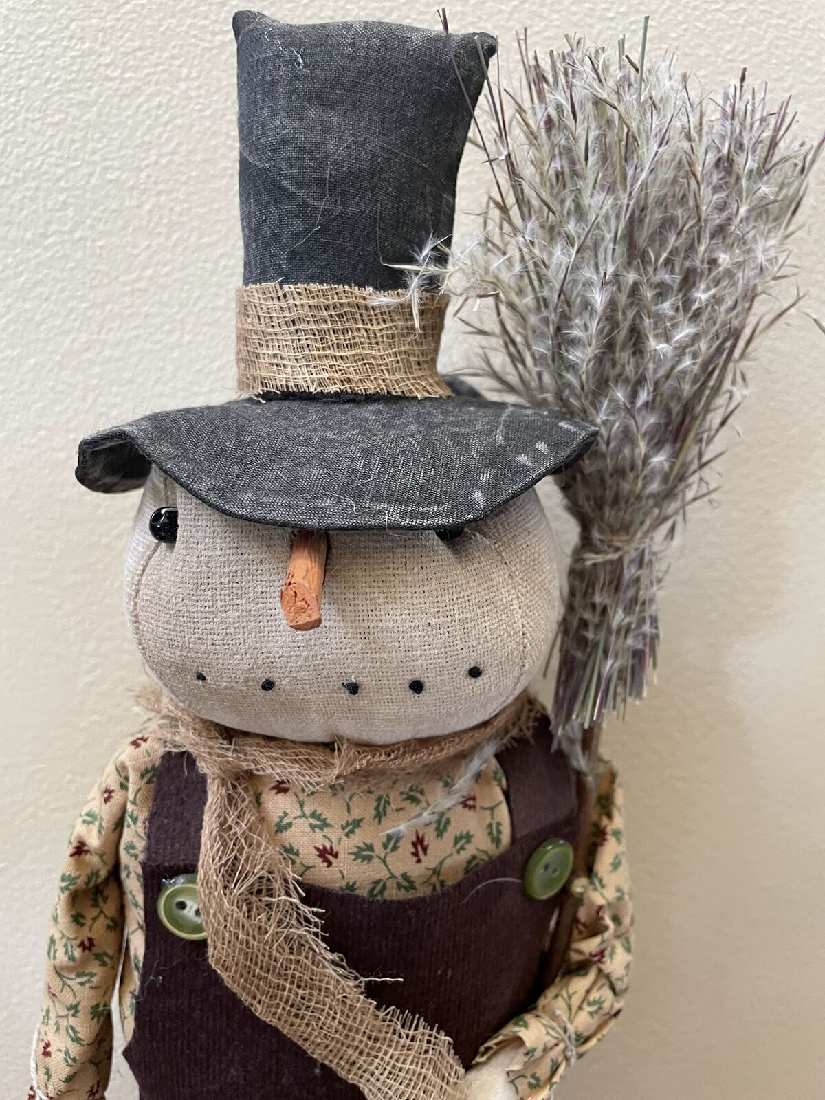 Primitive Folk Art Christmas Snowman Stand 17&quot; with Broom - The Primitive Pineapple Collection