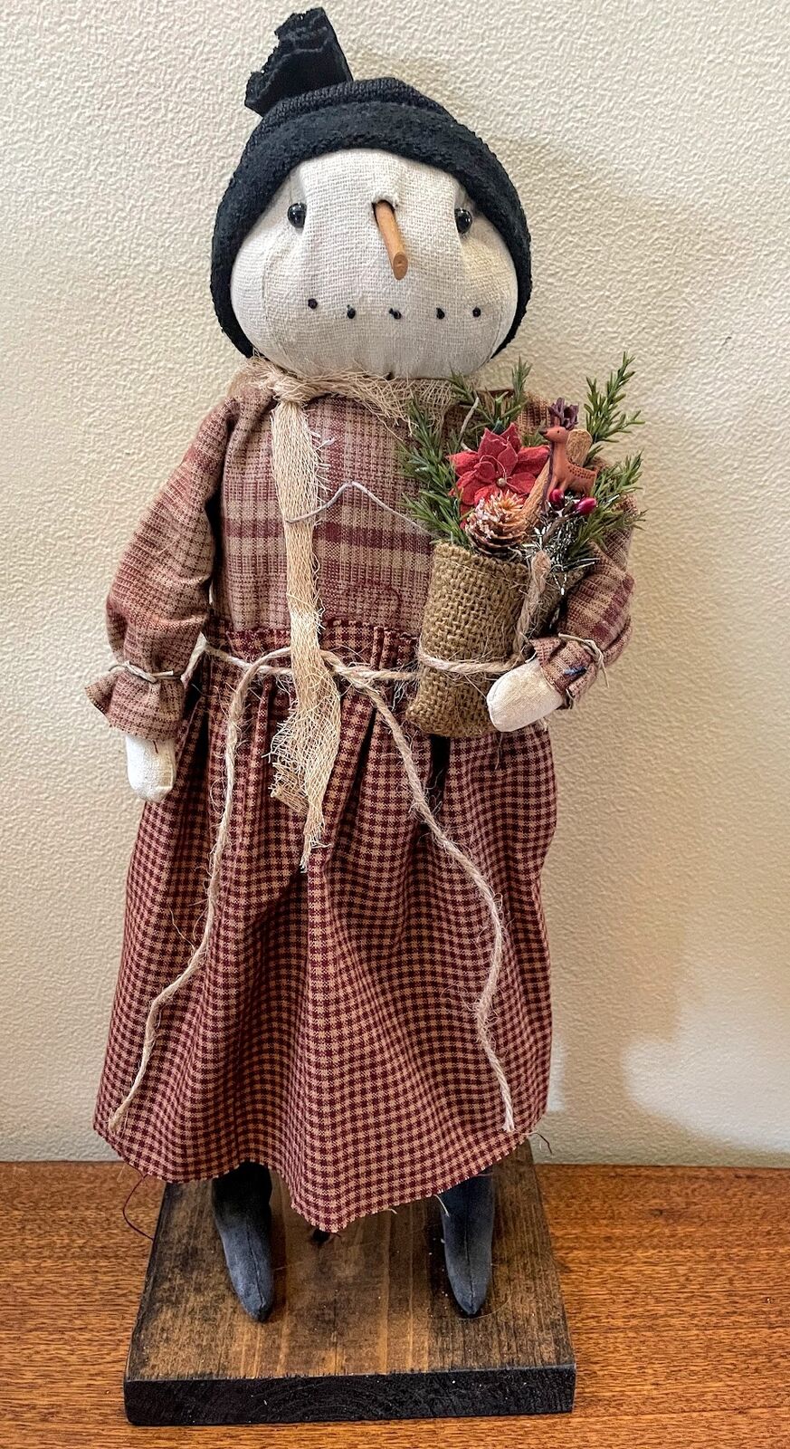 Primitive Folk Art Christmas Snowman Girl on Stand 16&quot; Red Dress Holiday Sack