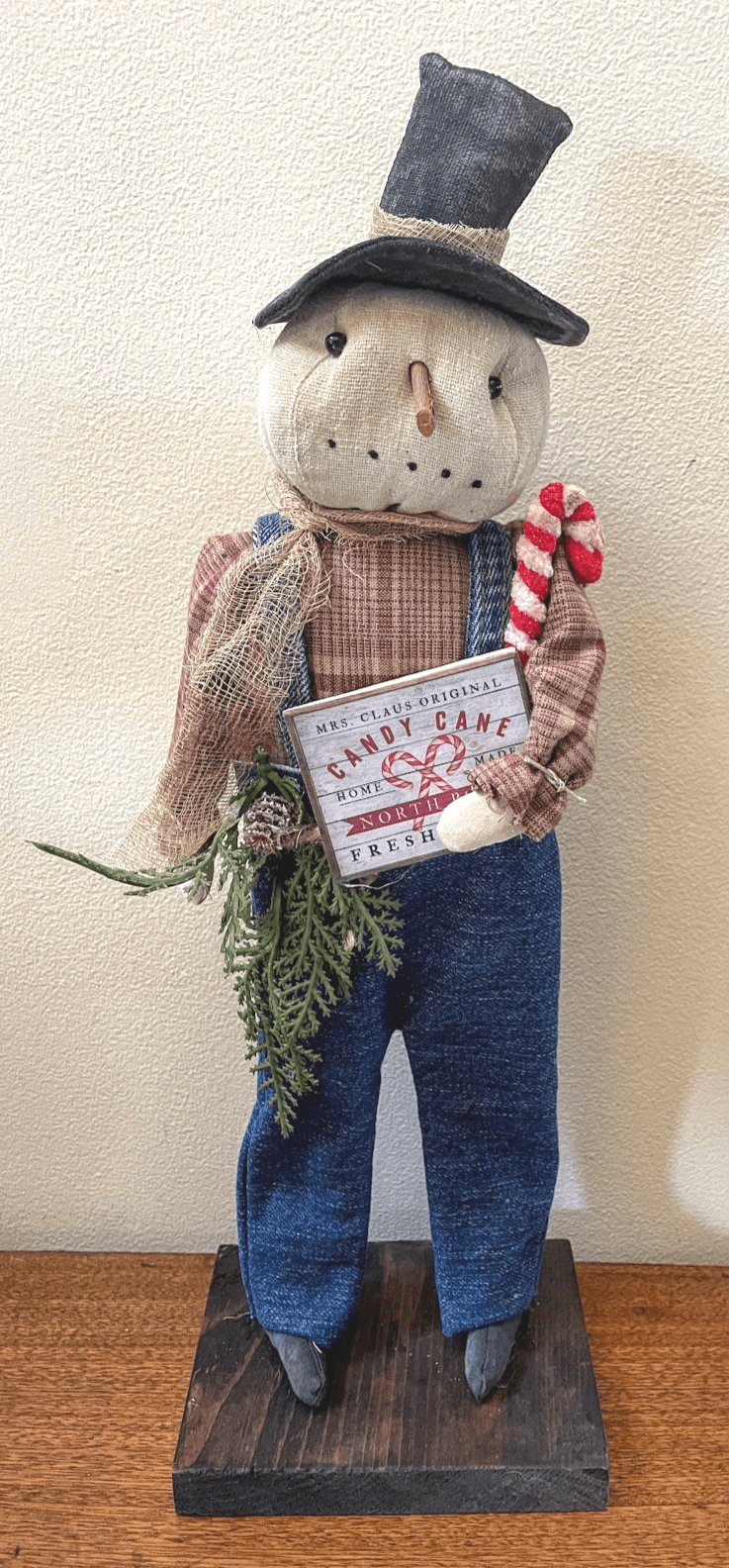 Primitive Folk Art Christmas Candy Cane Snowman on Stand 17&quot; - The Primitive Pineapple Collection
