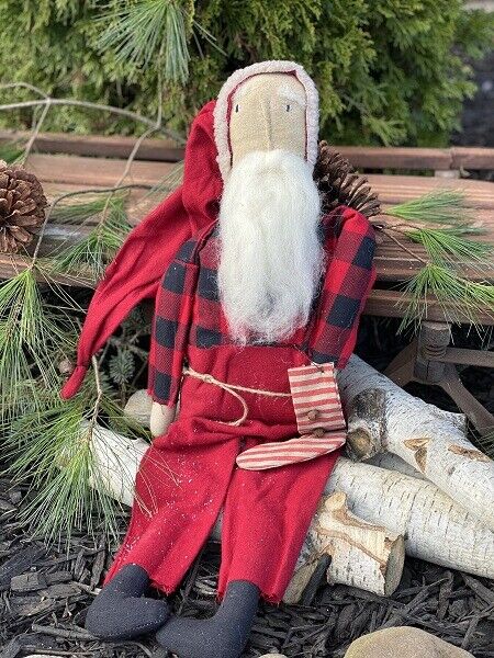 Primitive Christmas Santa w/ Stocking Rag Doll 19&quot; - The Primitive Pineapple Collection