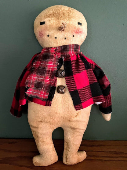 Primitive Handcrafted 12&quot; Snowman in Winter Coat/ Scarf Rusty Bells - The Primitive Pineapple Collection