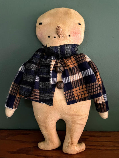 Primitive Handcrafted 12&quot; Snowman in Winter Coat/ Scarf Rusty Bells - The Primitive Pineapple Collection