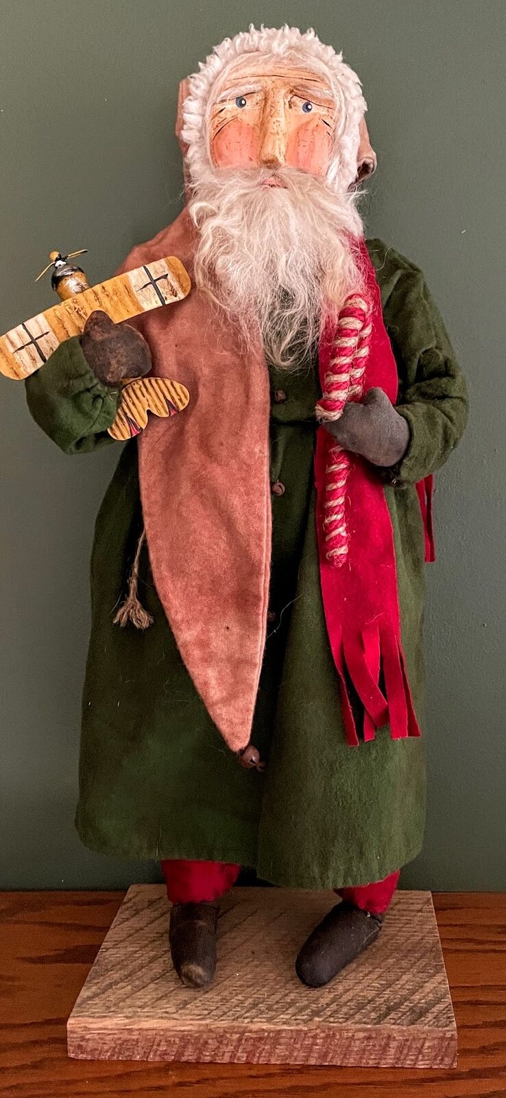 Primitive Early American Hand Sculpted Clay Face Santa w/ Toy Plane Doll 19&quot; - The Primitive Pineapple Collection