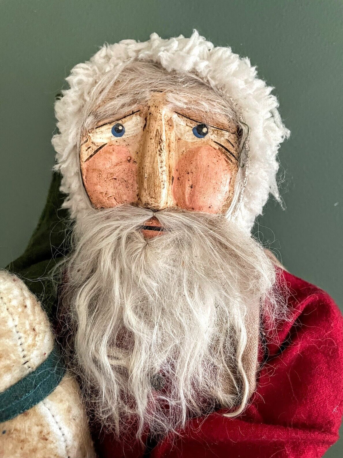 Primitive Early American Hand Sculpted Clay Face Santa with Snowman 19&quot; - The Primitive Pineapple Collection