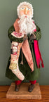Primitive Early American Hand Sculpted Clay Face Santa w/ Quilted Stocking 19" - The Primitive Pineapple Collection