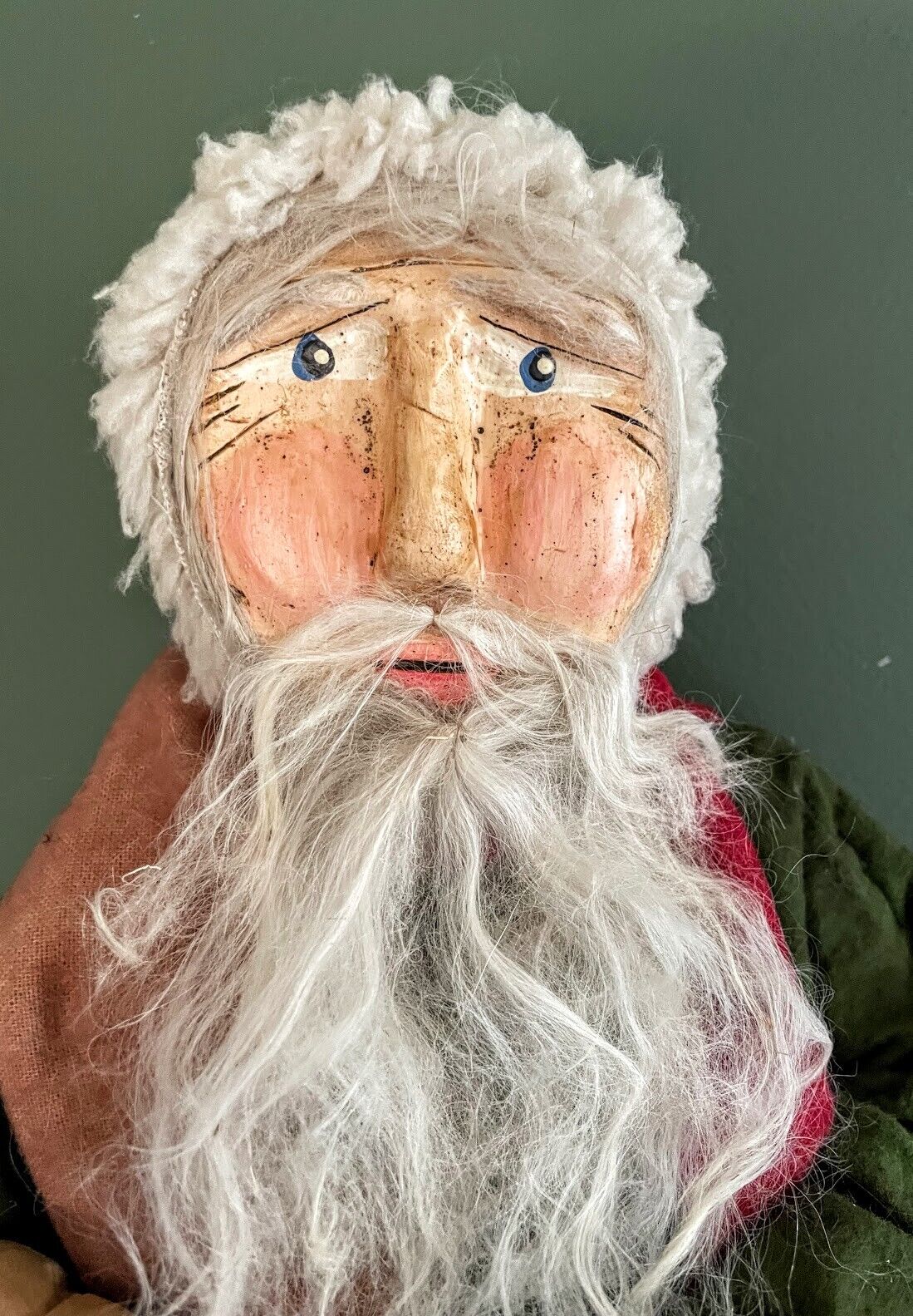 Primitive Early American Hand Sculpted Clay Face Santa w/ Quilted Stocking 19&quot; - The Primitive Pineapple Collection